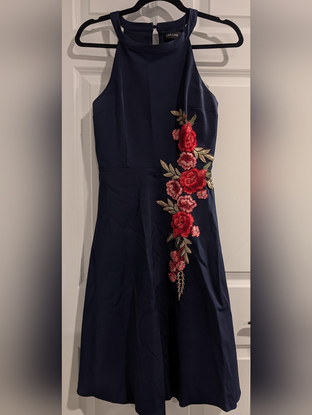 Lulus Navy Midi Dress with Red Floral Embroidery